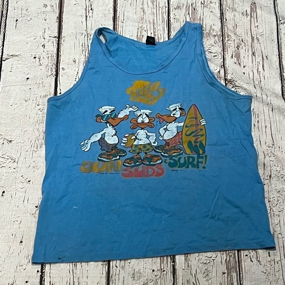 Vintage Sun Suds and Surf Duck Cartoon Surfing 1980s Tee Tank Top Shirt